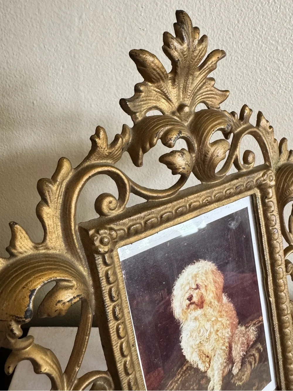 Antique Victorian Gold Cast Iron Ornate Filigree Picture Frame on Stand